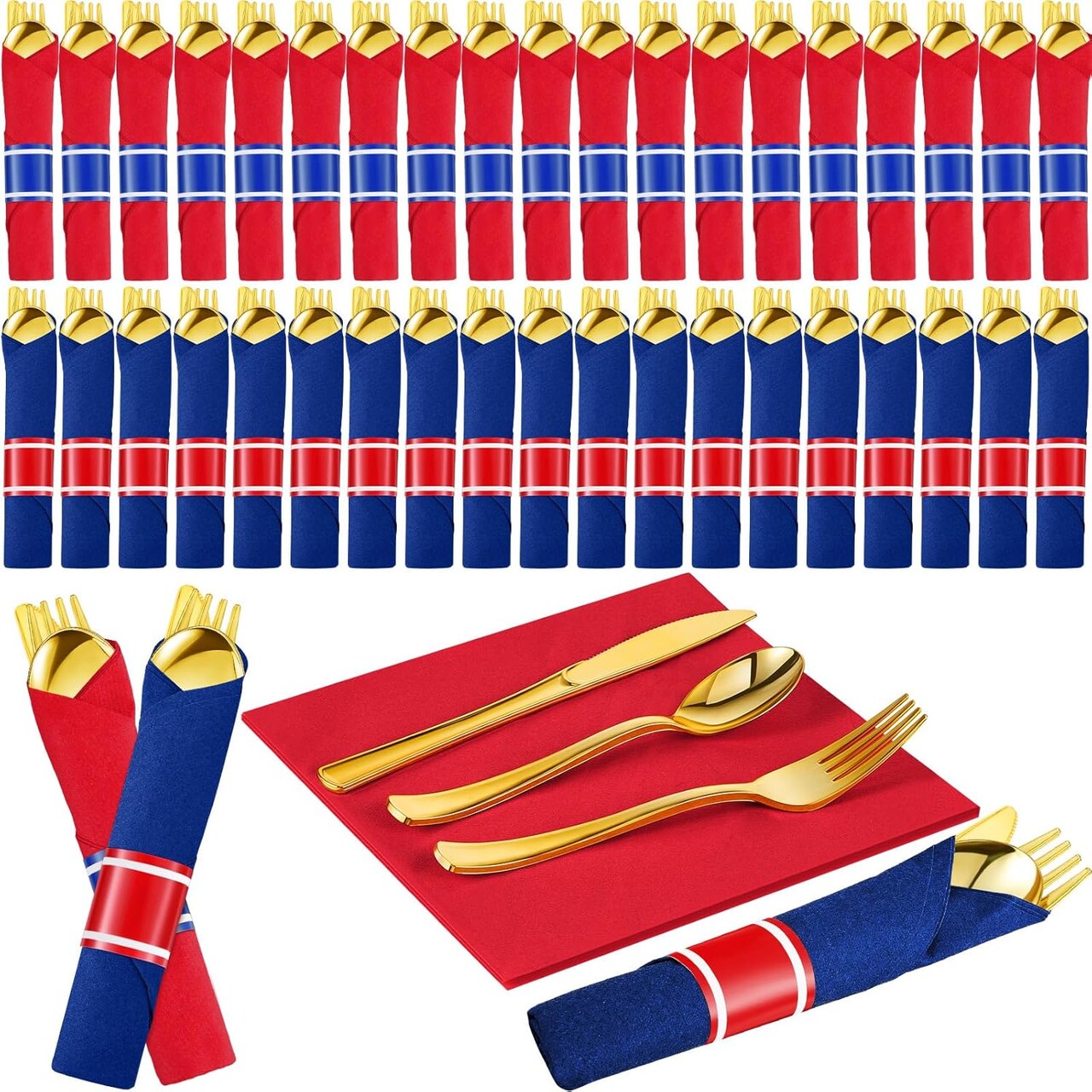 50 Pcs Pre-rolled July of 4th Plastic Silverware Set Gold Disposable Plastic Cutlery Set